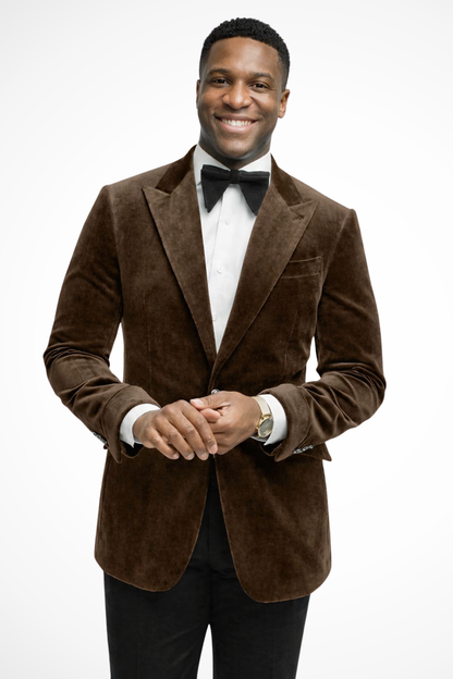 Men's velvet blazer with peak lapels and button front