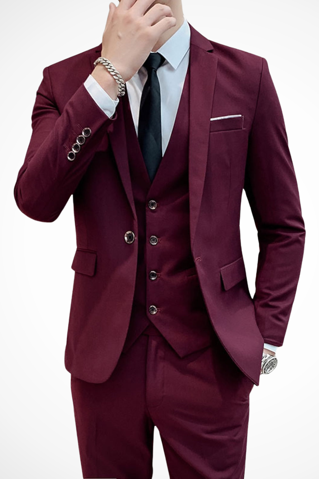 Men's slim fit three-piece suit with notch lapel jacket