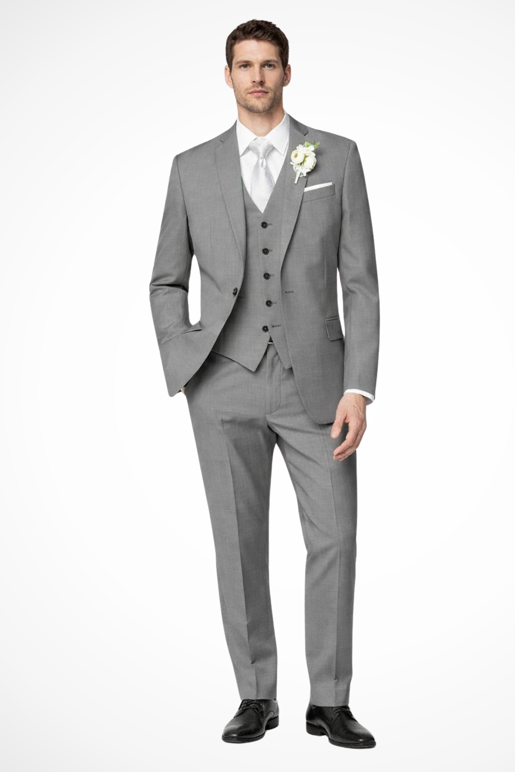 Men's three-piece single-breasted notch lapel suit with waistcoat and trousers