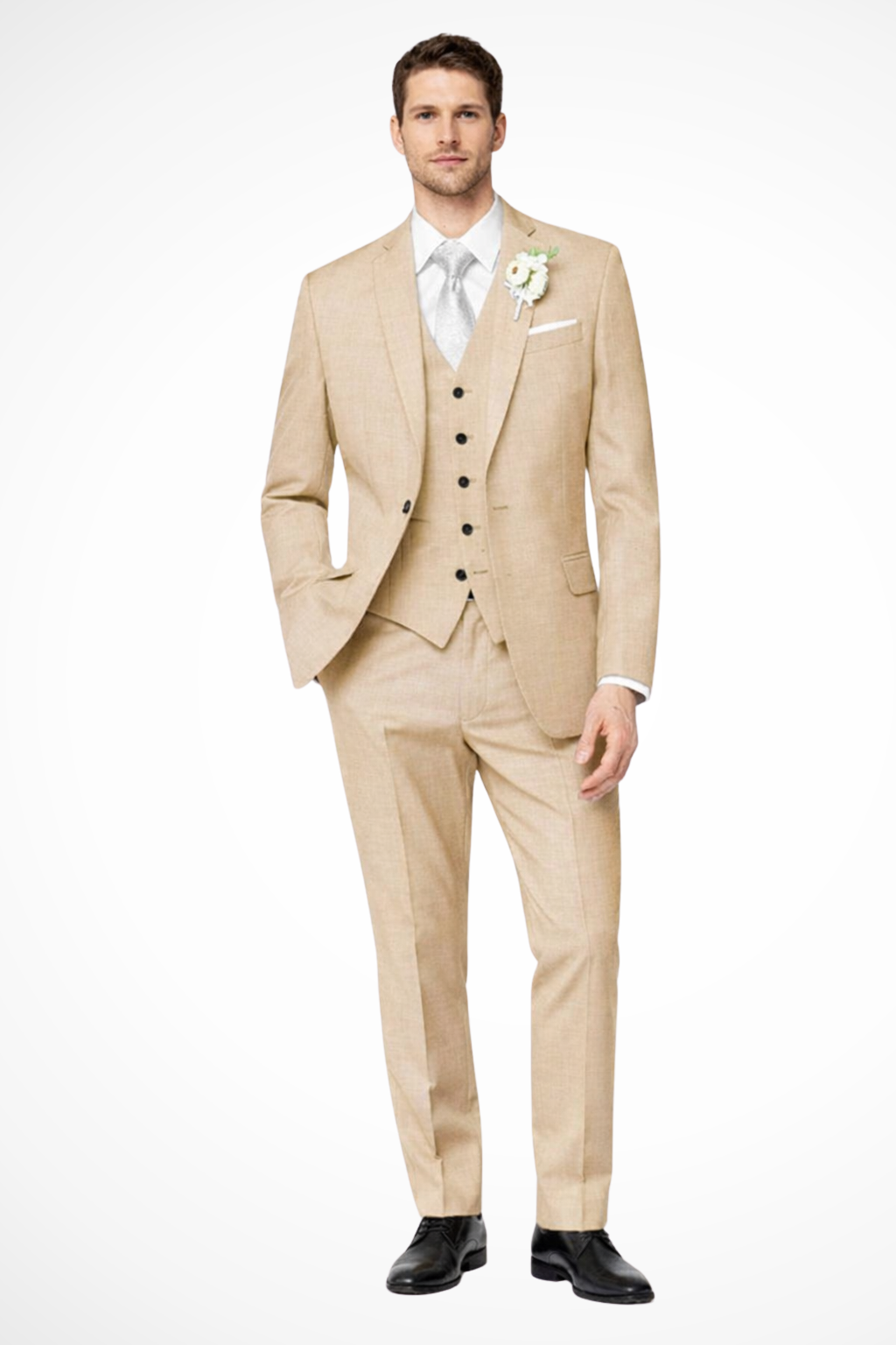 Men's three-piece single-breasted notch lapel suit with waistcoat and trousers