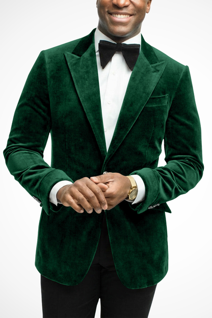 Men's velvet blazer with peak lapels and button front