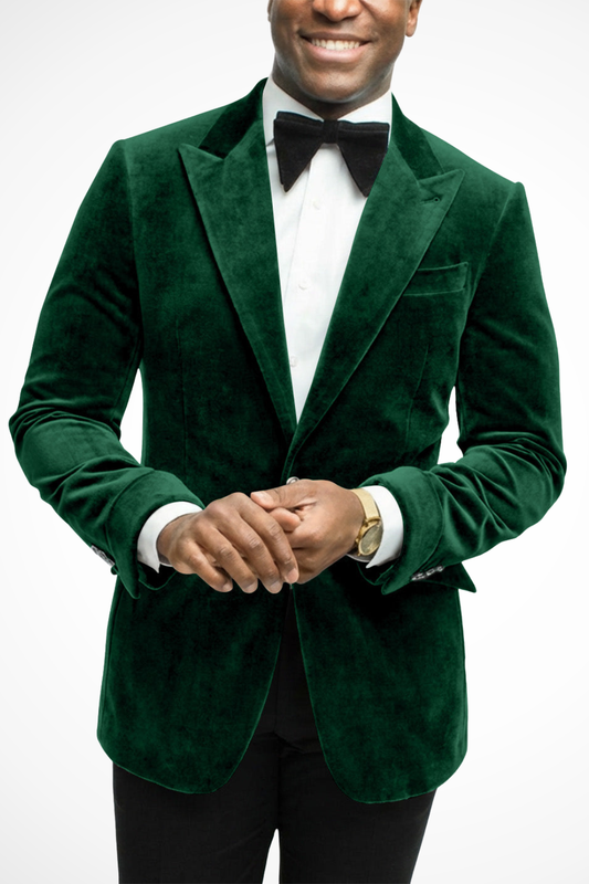 Men's velvet blazer with peak lapels and button front