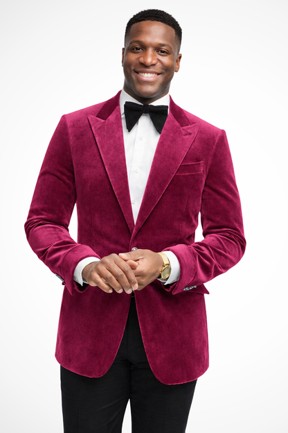 Men's velvet blazer with peak lapels and button front
