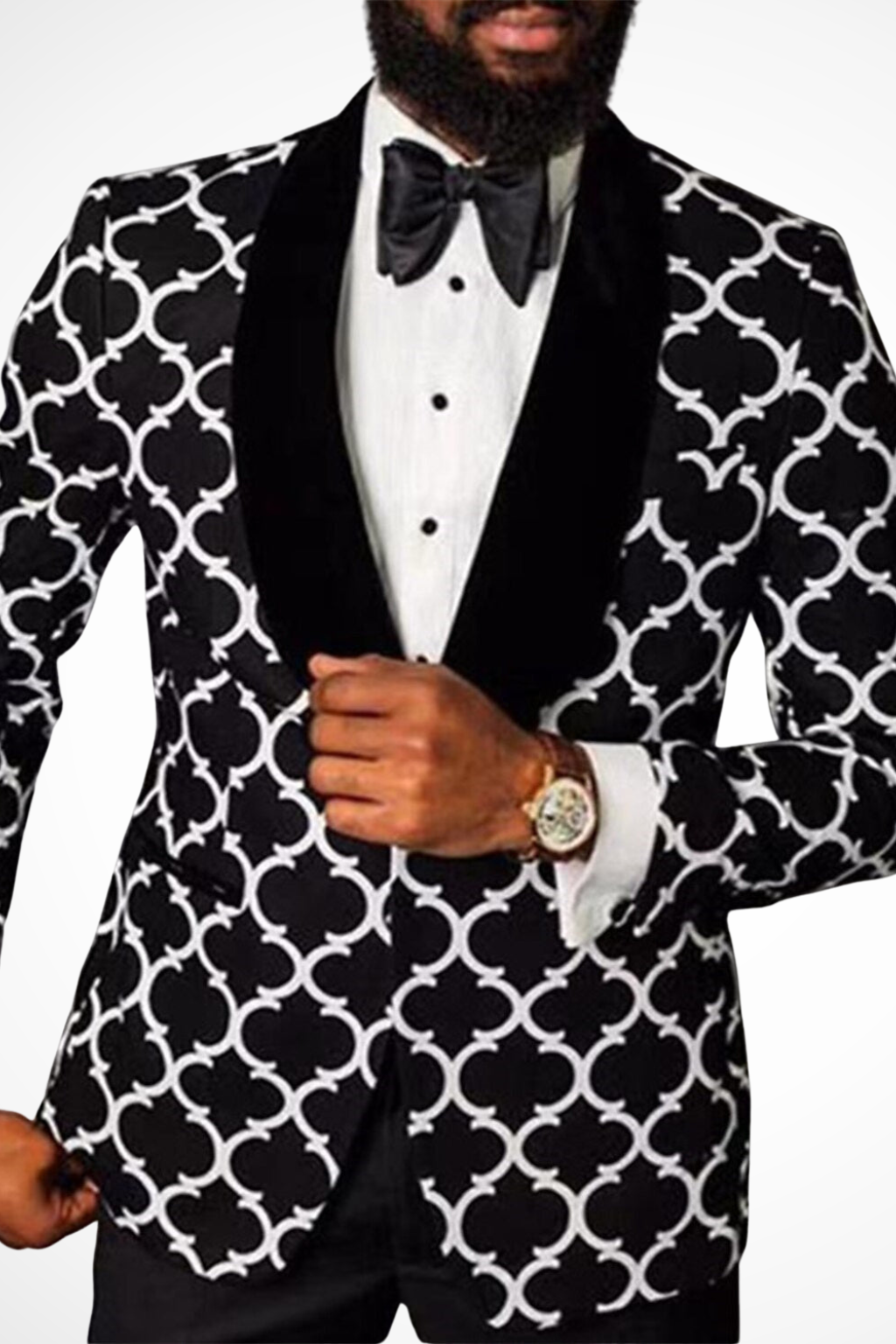 Men's black blazer with white geometric pattern and shawl lapels