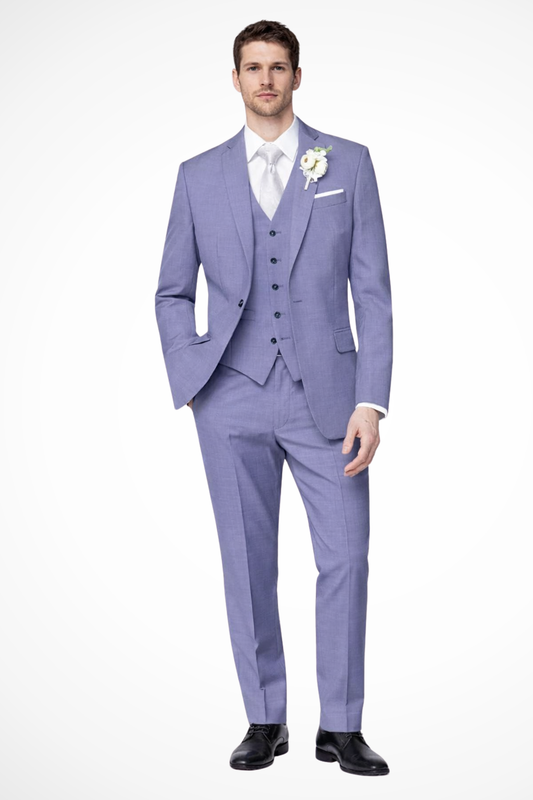 Men's three-piece single-breasted notch lapel suit with waistcoat and trousers
