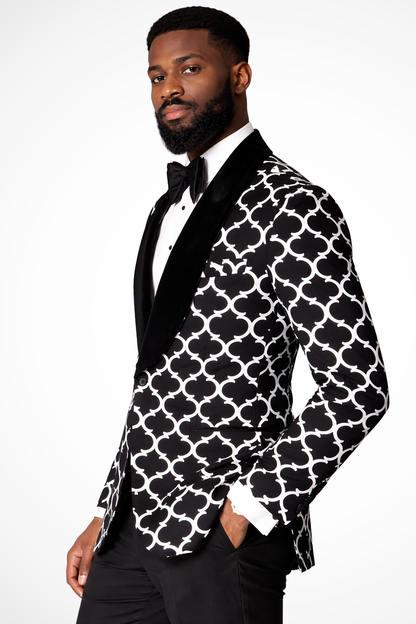 Men's black blazer with white geometric pattern and shawl lapels