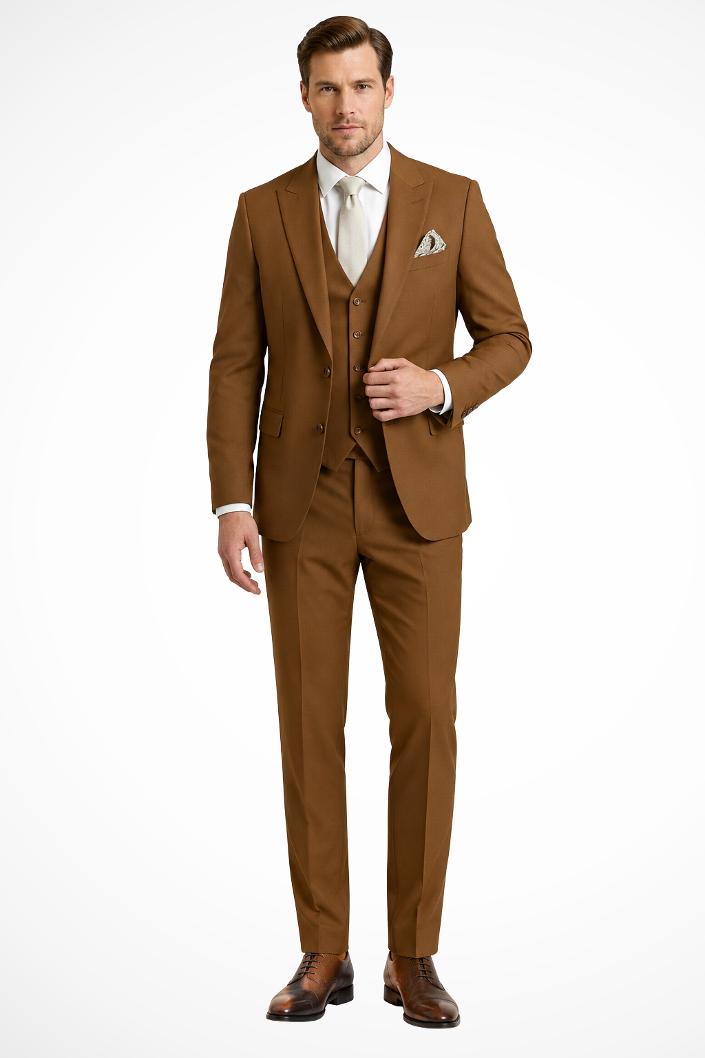 Men's three-piece slim fit suit with notched lapels and matching waistcoat