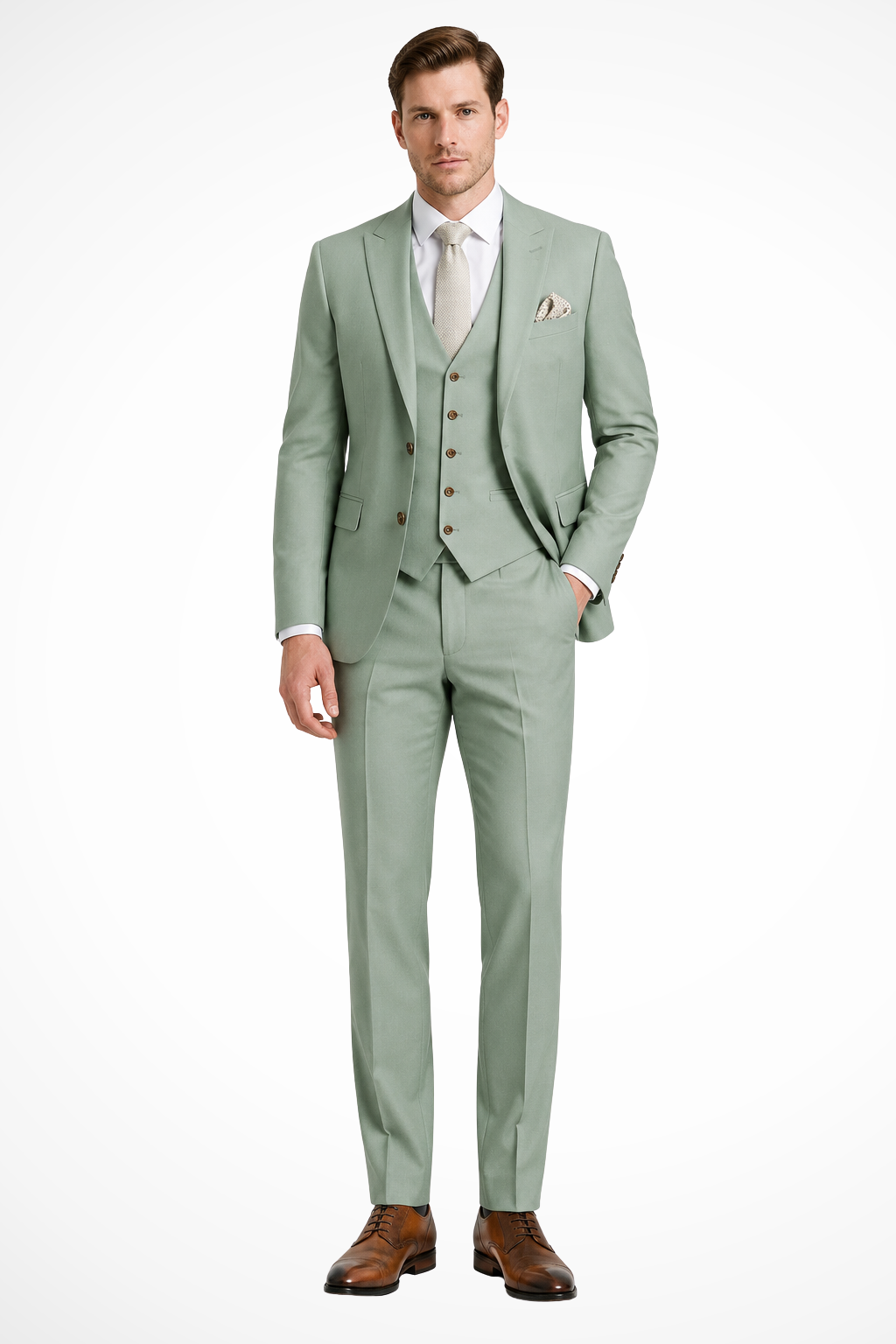Men's three-piece slim fit suit with notched lapels and matching waistcoat
