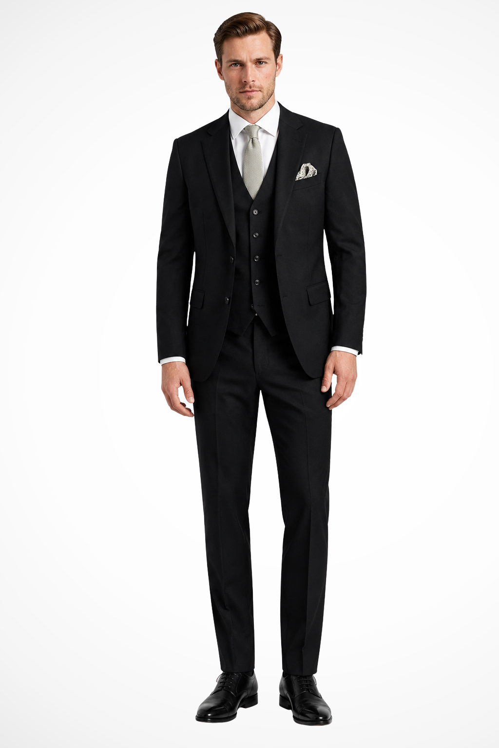 Men's three-piece slim fit suit with notched lapels and matching waistcoat