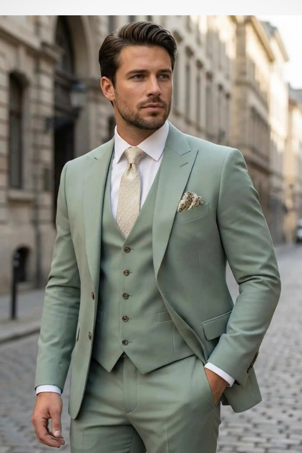Men's three-piece slim fit suit with notched lapels and matching waistcoat