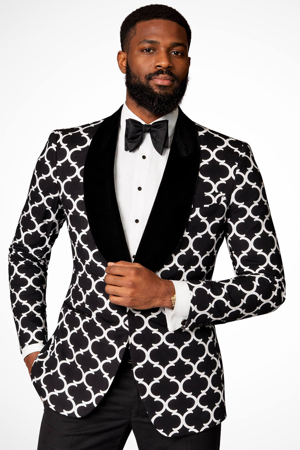 Men's black blazer with white geometric pattern and shawl lapels
