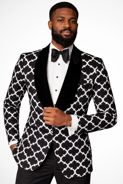 Men's black blazer with white geometric pattern and shawl lapels