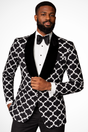 Men's black blazer with white geometric pattern and shawl lapels
