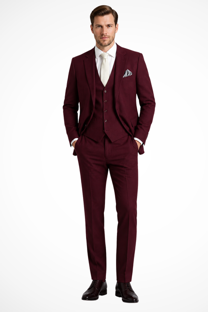 Men's three-piece slim fit suit with notched lapels and matching waistcoat
