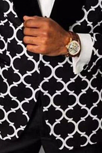 Men's black blazer with white geometric pattern and shawl lapels