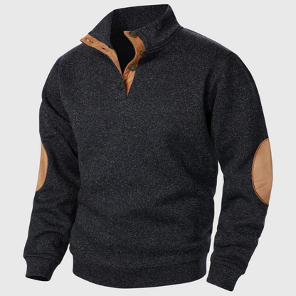 Unisex quarter zip sweater with stand collar and elbow patches