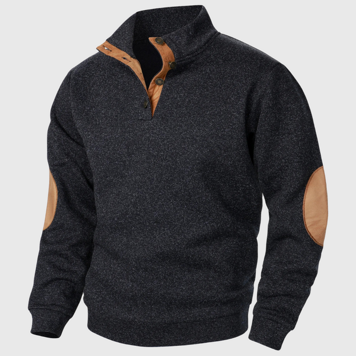 Unisex quarter zip sweater with stand collar and elbow patches