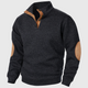 Unisex quarter zip sweater with stand collar and elbow patches