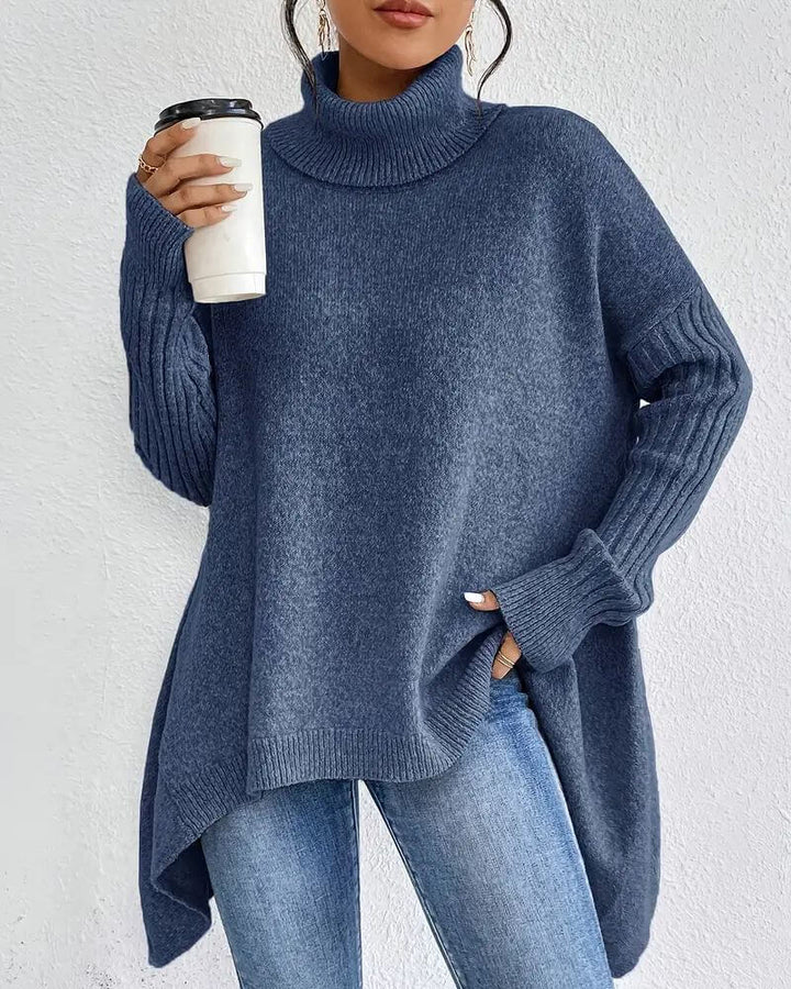 Women's asymmetric turtleneck sweater with long sleeves and high-low hem