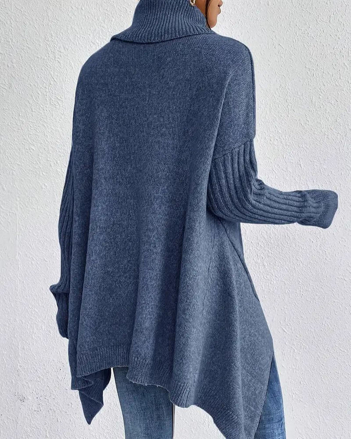 Women's asymmetric turtleneck sweater with long sleeves and high-low hem