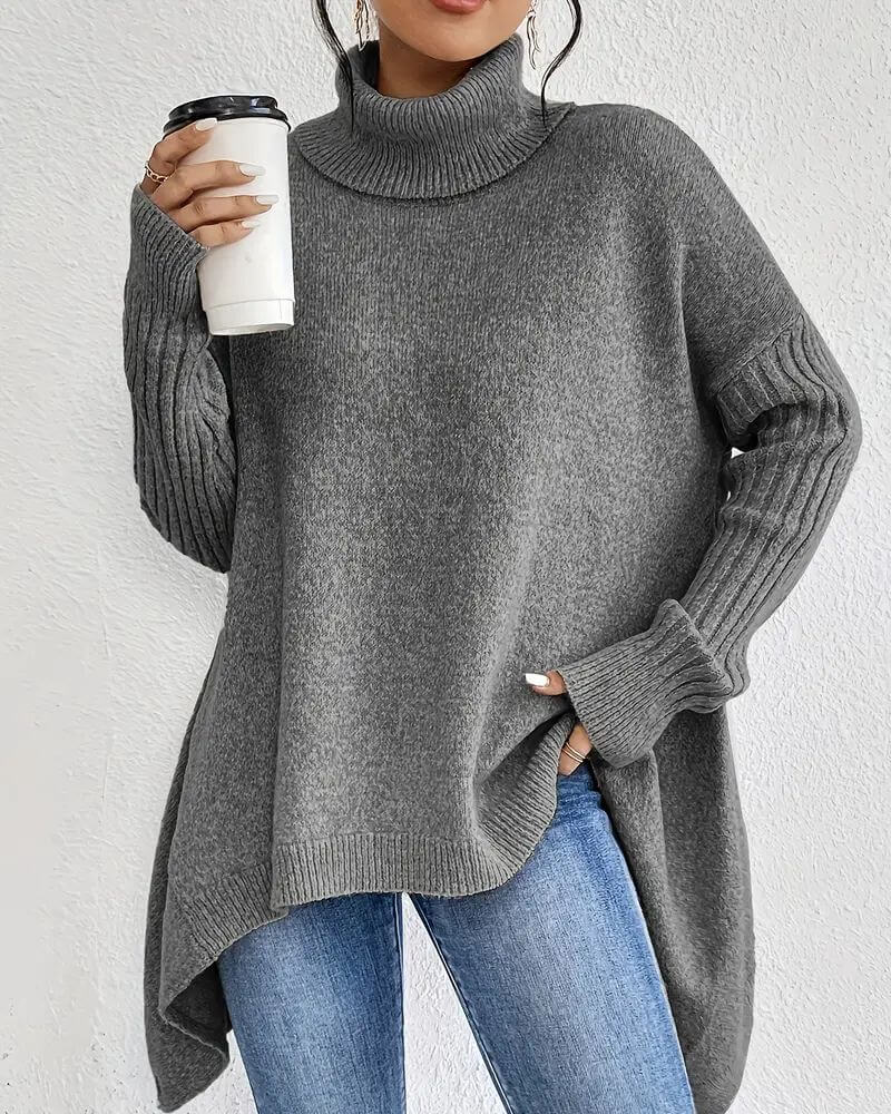 Women's asymmetric turtleneck sweater with long sleeves and high-low hem