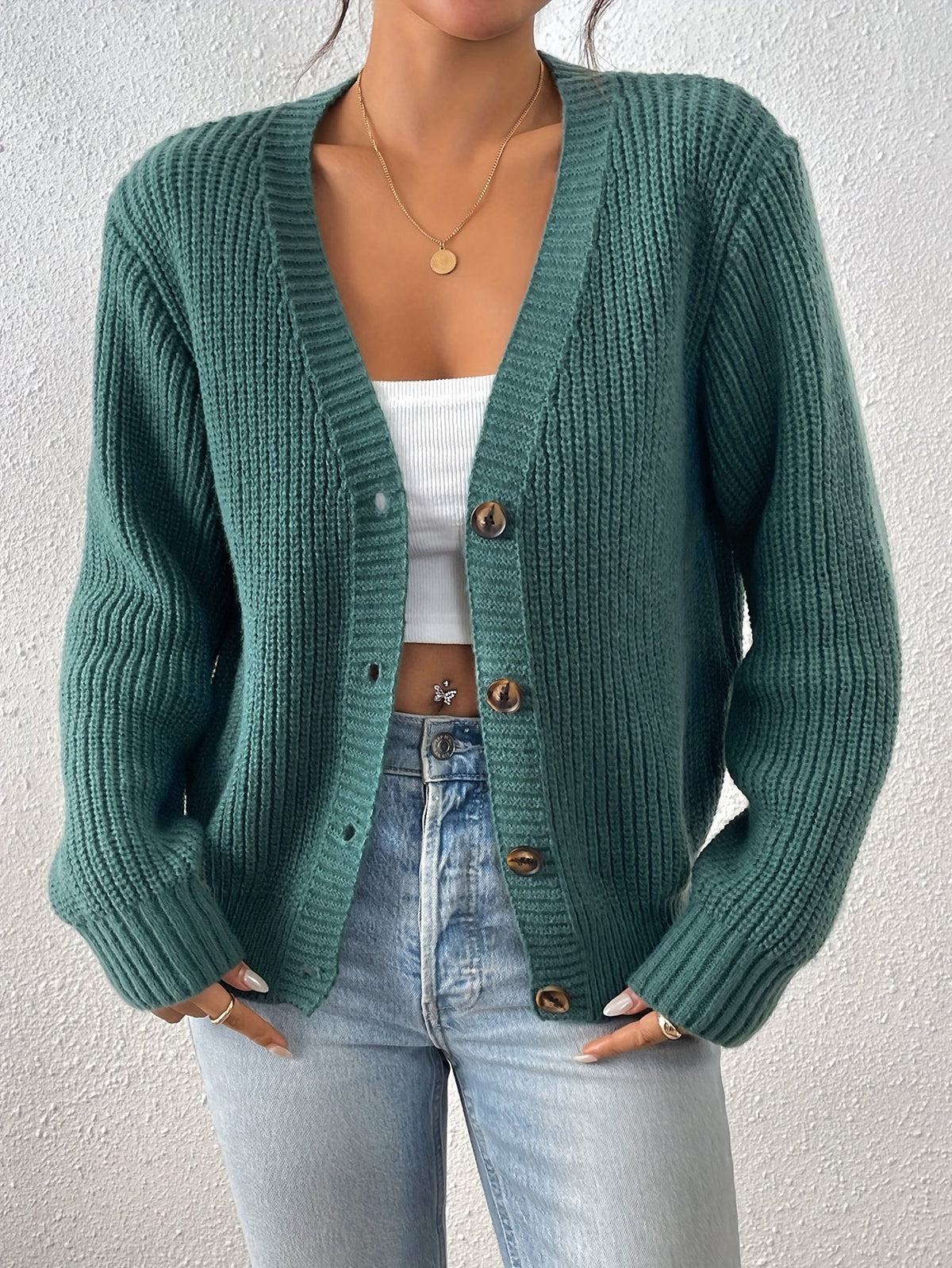 Women's ribbed V-neck button cardigan with long sleeves