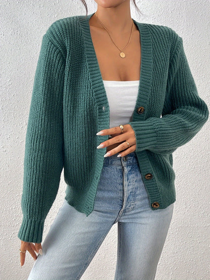 Women's ribbed V-neck button cardigan with long sleeves