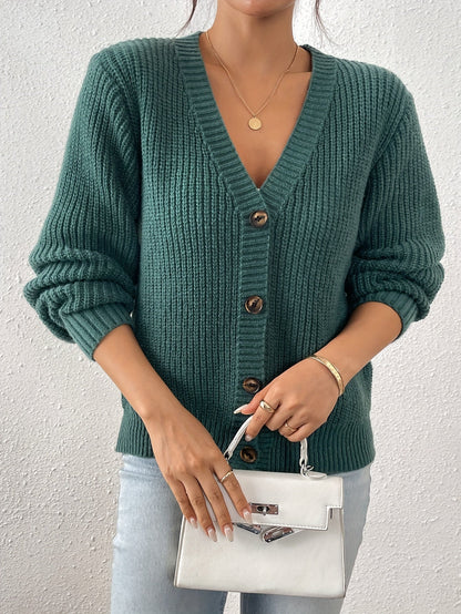 Women's ribbed V-neck button cardigan with long sleeves