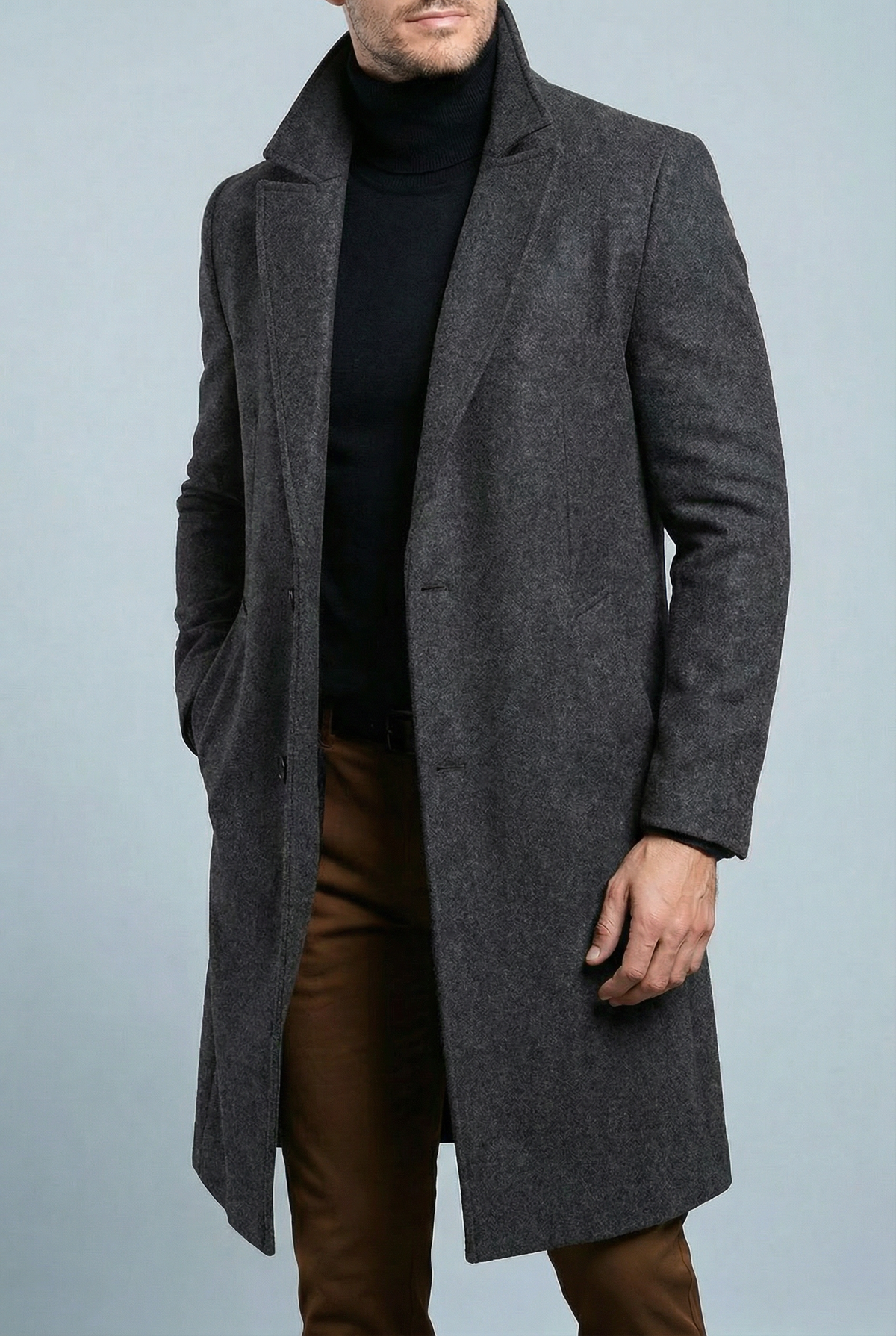 Men's structured long coat with notched lapels and button fastening