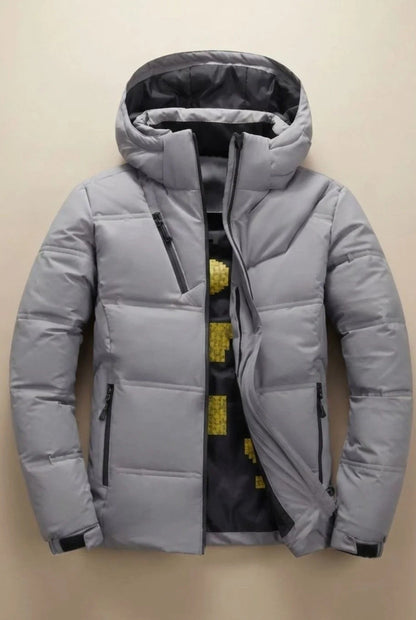 Men's hooded padded jacket with quilted panels and zip pockets
