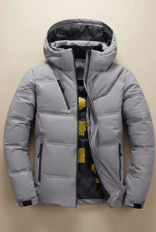 Men's hooded padded jacket with quilted panels and zip pockets