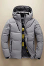 Men's hooded padded jacket with quilted panels and zip pockets