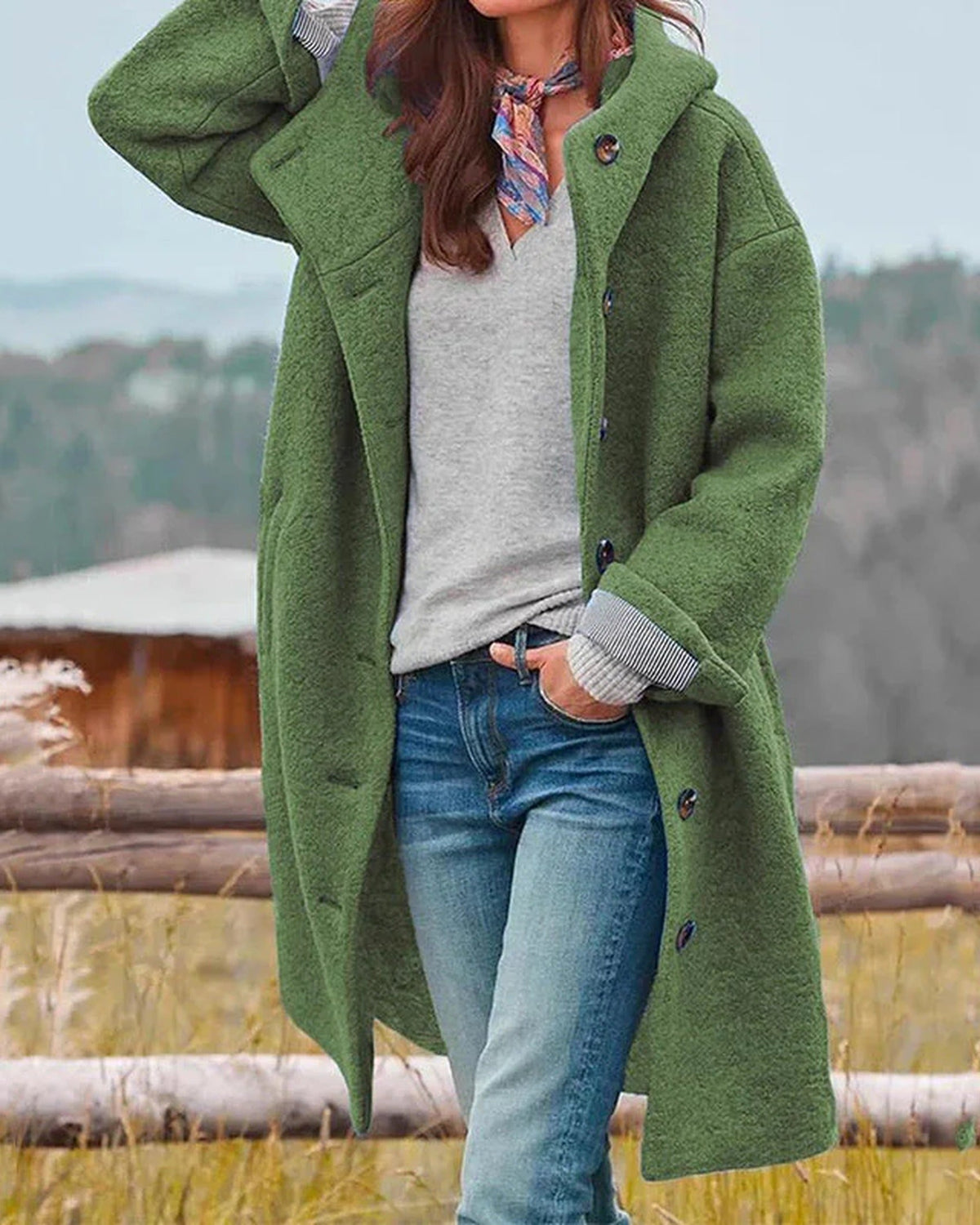 Women's long hooded button-front coat with textured finish