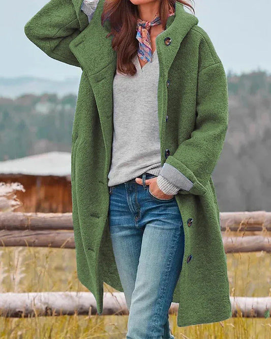 Women's long hooded button-front coat with textured finish