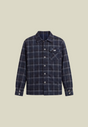 Men's navy plaid long-sleeve shirt with button front, chest pocket and decorative back motif