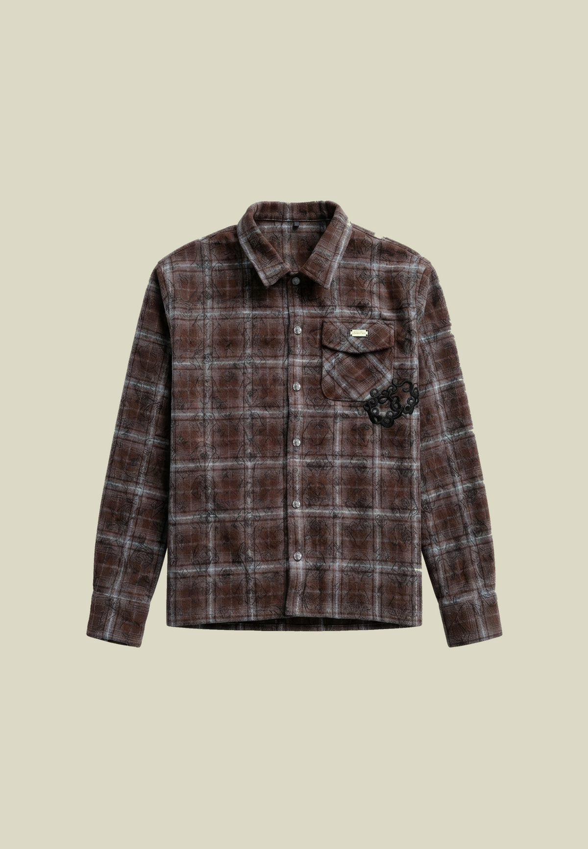 Men's brown plaid long-sleeve shirt with chest pocket and back lettering