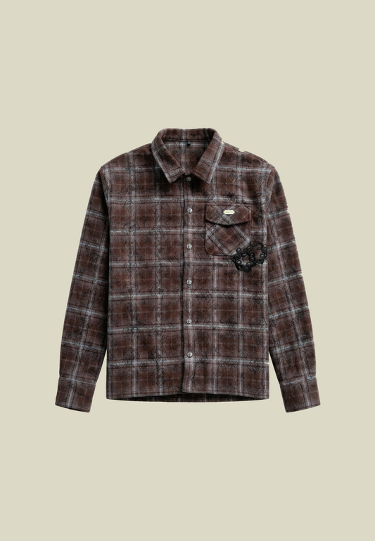 Men's brown plaid long-sleeve shirt with chest pocket and back lettering