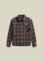 Men's brown plaid long-sleeve shirt with chest pocket and back lettering