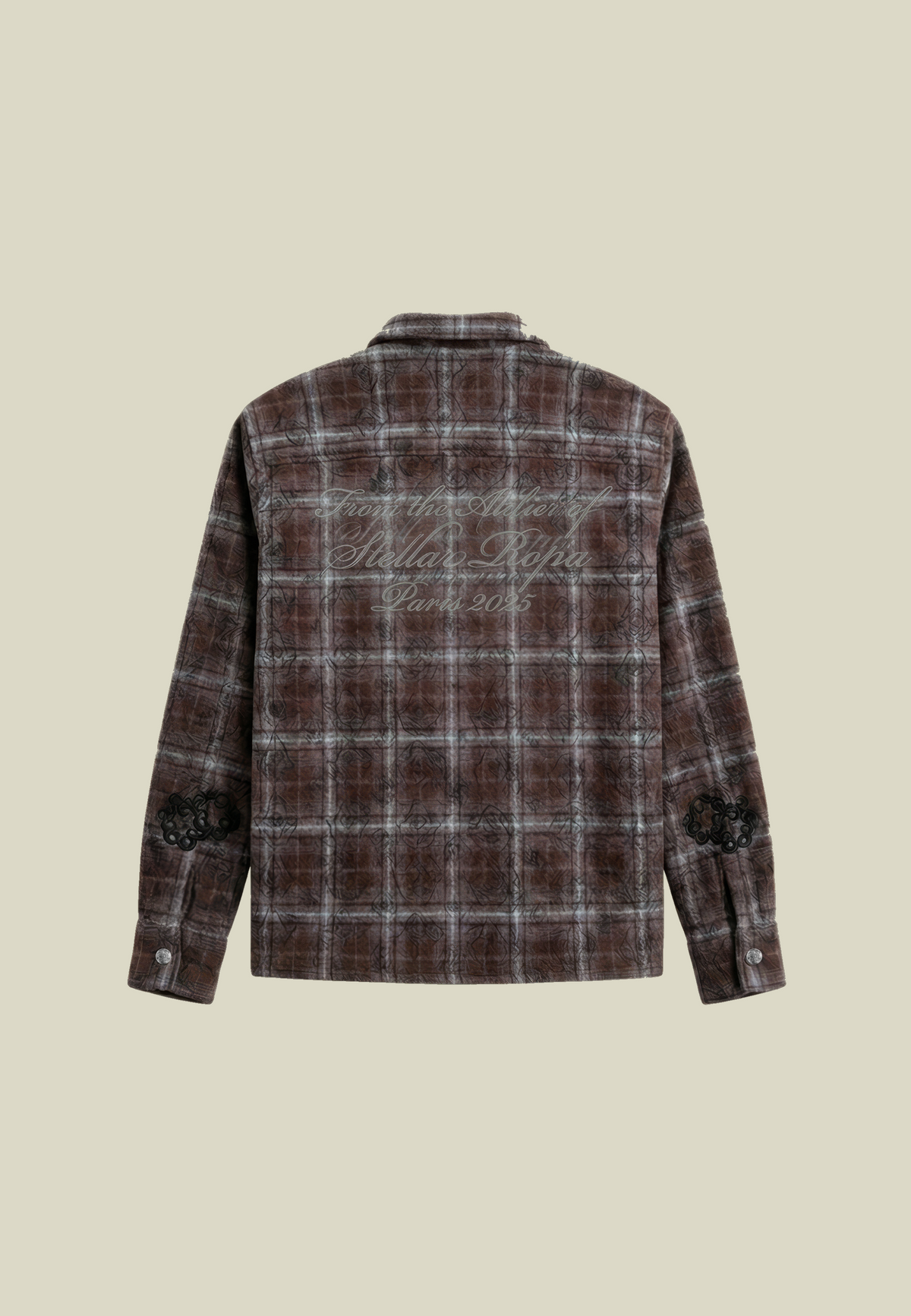Men's brown plaid long-sleeve shirt with chest pocket and back lettering