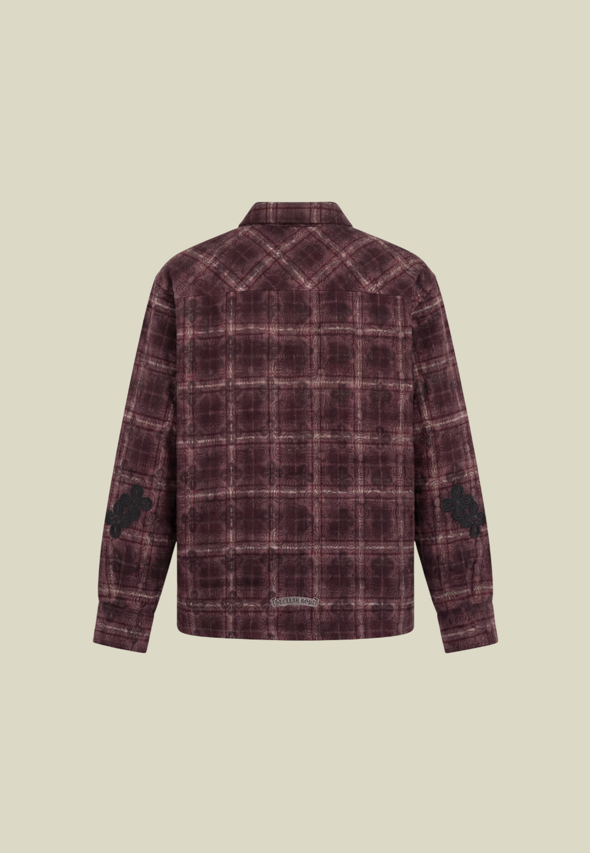 Men's dark red checked long-sleeve shirt with button front and chest pocket