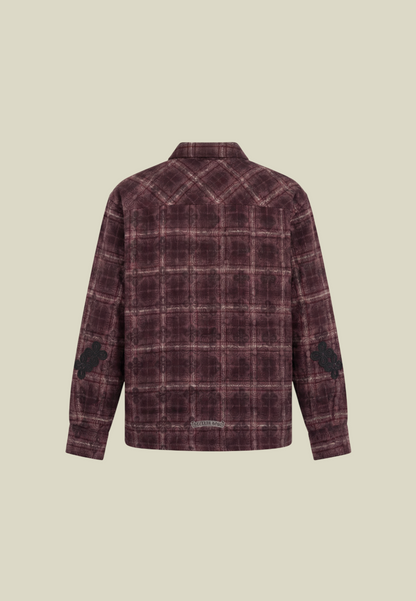 Men's dark red checked long-sleeve shirt with button front and chest pocket
