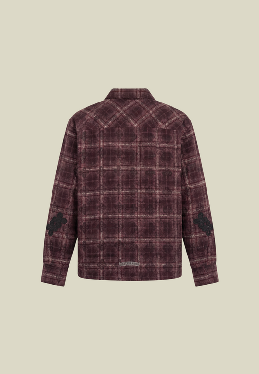 Men's dark red checked long-sleeve shirt with button front and chest pocket