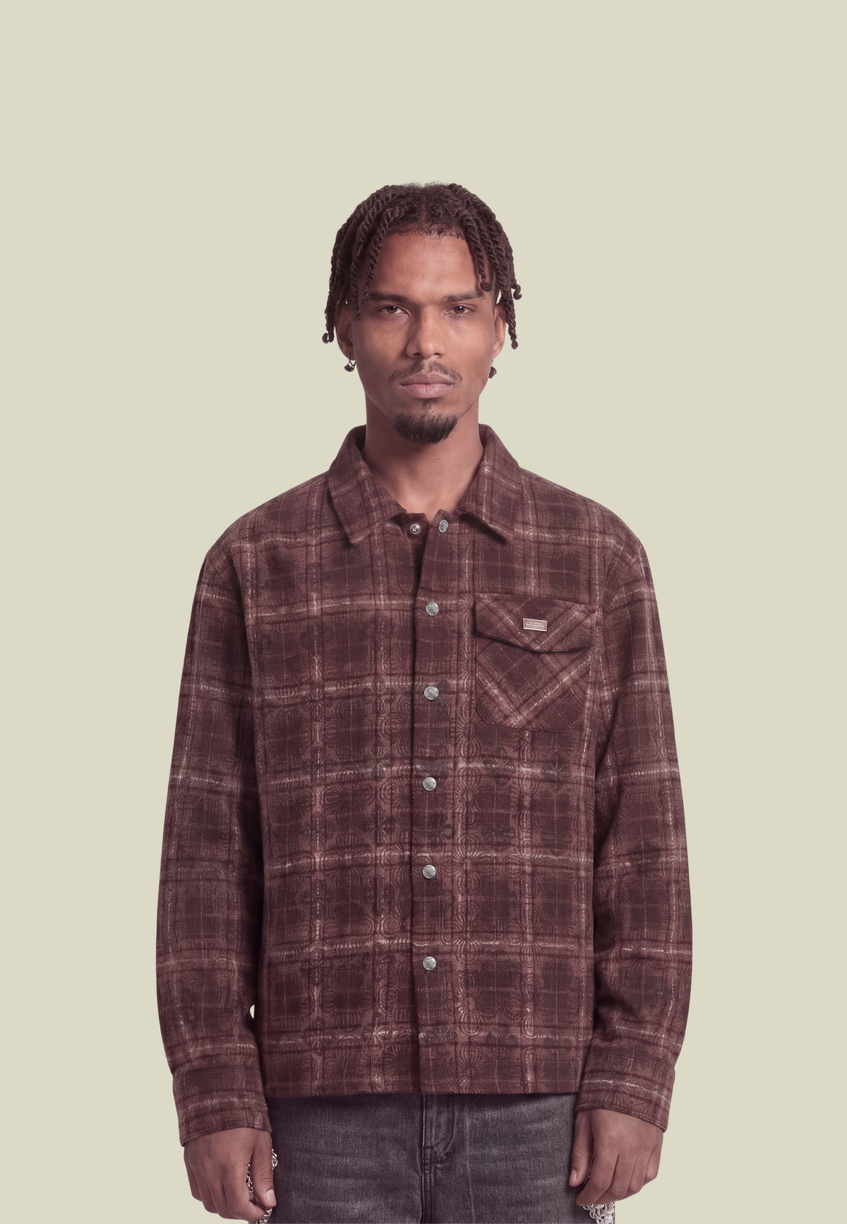 Men's dark red checked long-sleeve shirt with button front and chest pocket