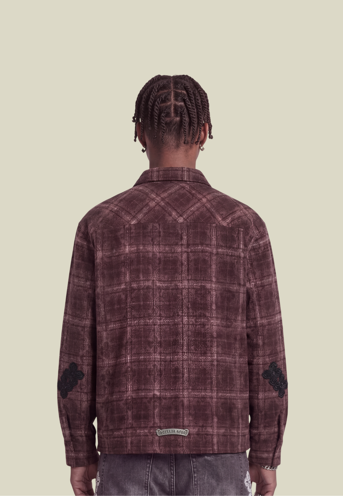 Men's dark red checked long-sleeve shirt with button front and chest pocket