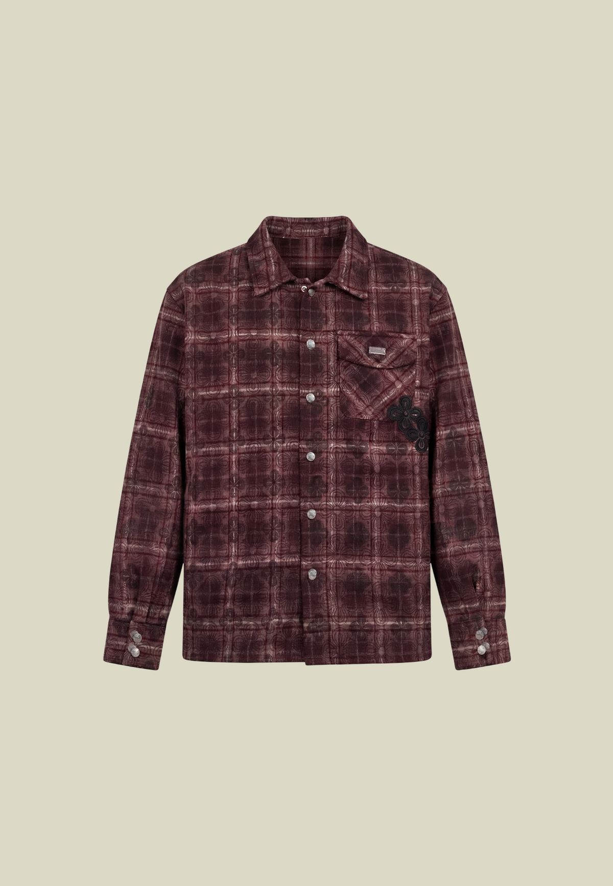 Men's dark red checked long-sleeve shirt with button front and chest pocket