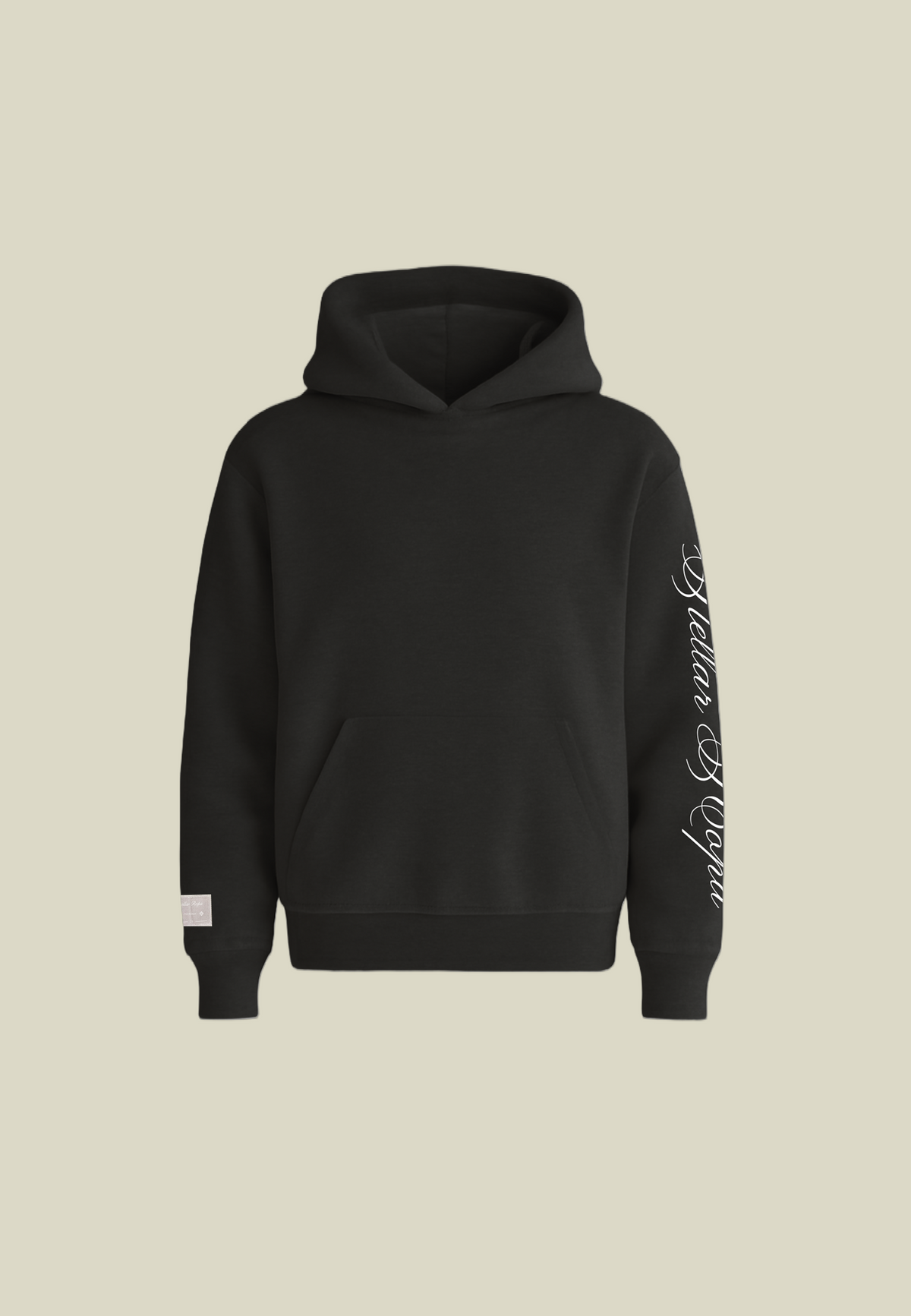 Black pullover hoodie with white sleeve graphic and front pouch pocket