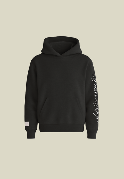 Black pullover hoodie with white sleeve graphic and front pouch pocket