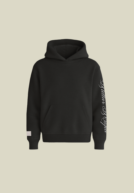 Black pullover hoodie with white sleeve graphic and front pouch pocket