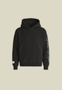 Black pullover hoodie with white sleeve graphic and front pouch pocket