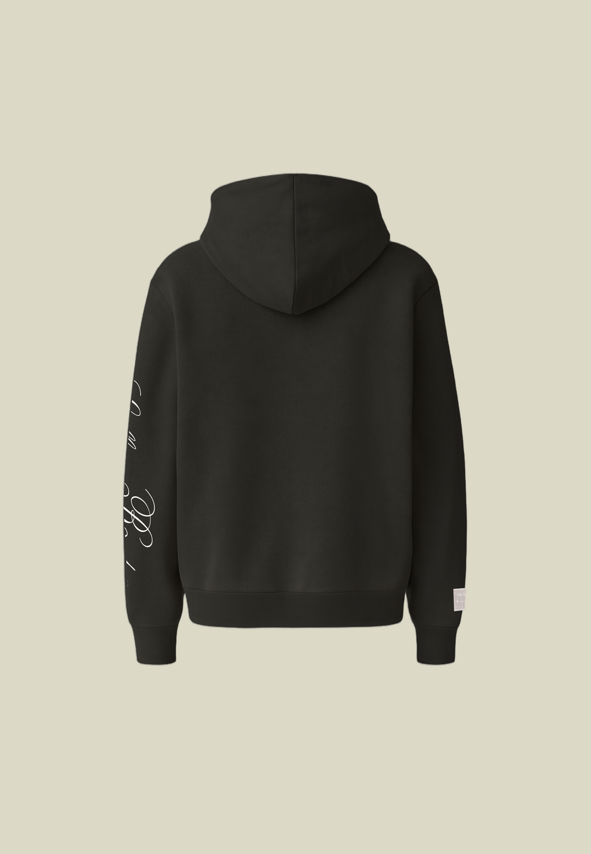 Black pullover hoodie with white sleeve graphic and front pouch pocket